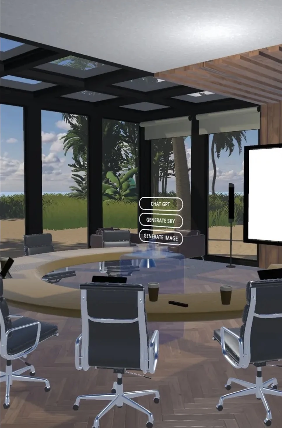 MeetWork.AI beach-front workroom with AI generation controls
